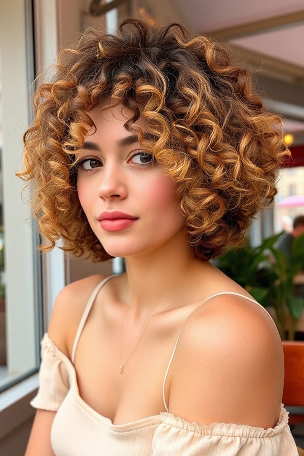 Golden Curly Bob, Curly Hairstyle, natural curl hairstyle, curly hair with bangs