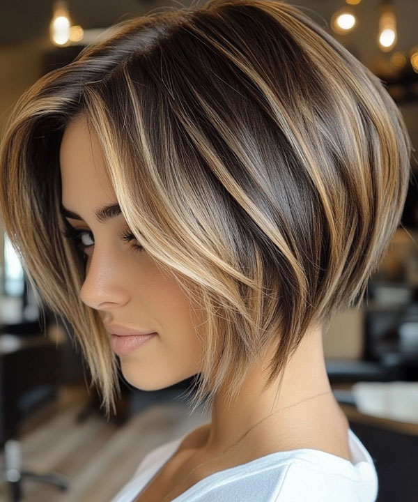 Golden Highlights Textured Bob, bob haircut with golden highlights