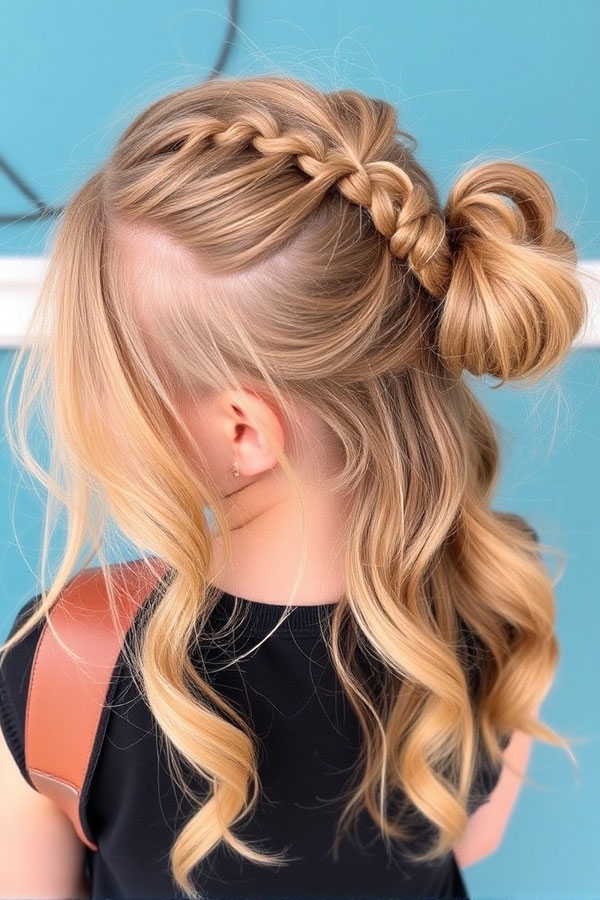 Half-Up Braid with Messy Bun, quick back to school hairstyle