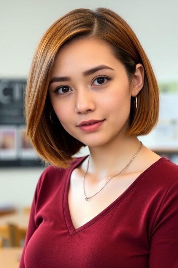 Honey-Toned Sleek Bob, side part bob