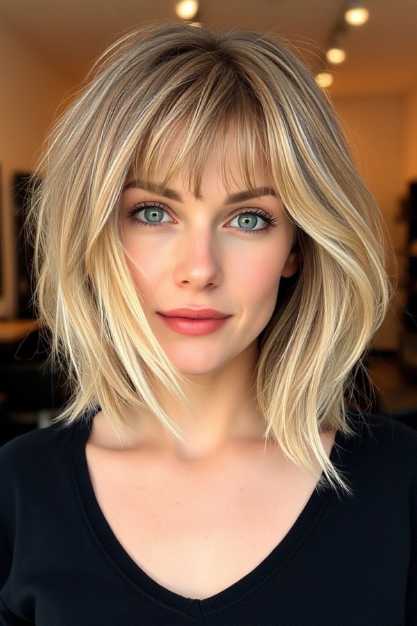 Layered Lob with Wispy Bangs, long bob hairstyle, long bob haircut, lob hairstyle