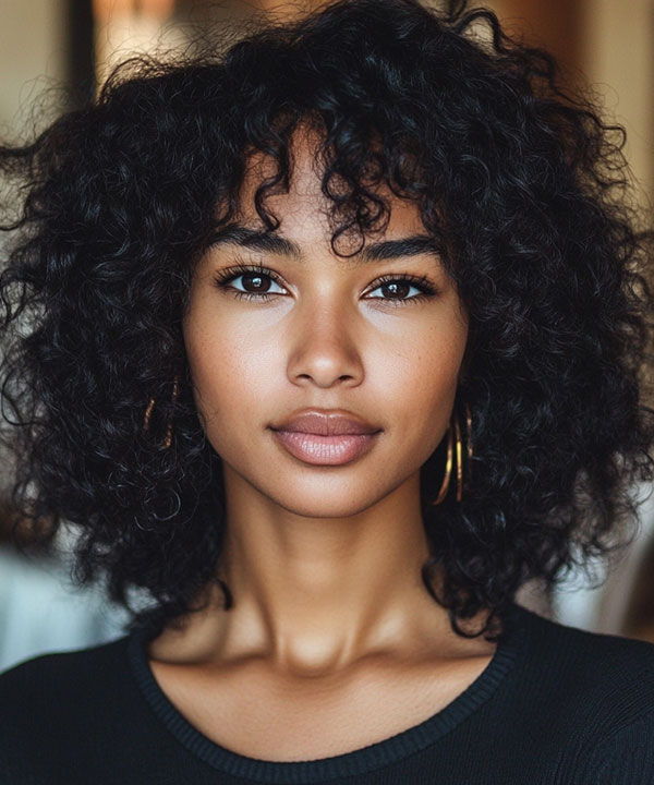 Natural Curly Afro, Curly Hairstyle, natural curl hairstyle, curly hair with bangs