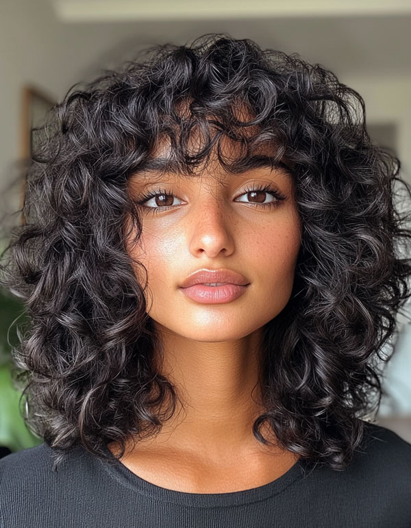 Natural Curly Lob with Bangs, Curly Hairstyle, natural curl hairstyle, curly hair with bangs