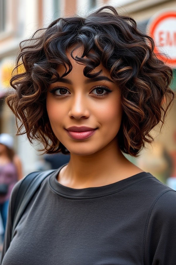 Playful Curly Bob with Bangs, Curly Hairstyle, natural curl hairstyle, curly hair with bangs