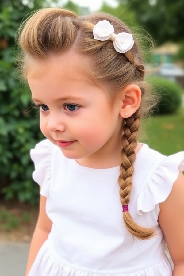 Side Braid with Floral Clips, cute hairstyle for little girls, Adorable Hairstyle for Little Girls 