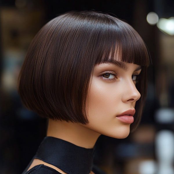 Sleek Dark Chocolate Bob with Bangs