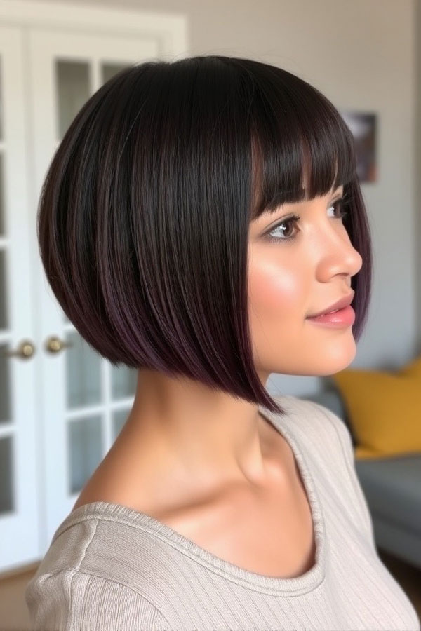 Sleek Midnight Bob with Bangs, bob haircut with fringe