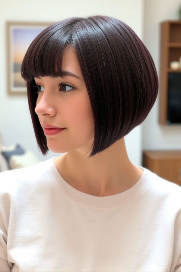 Sleek Plum Bob with Blunt Bangs