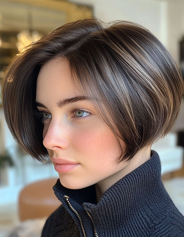 Soft Ash Brown Bob, sleek bob haircut, bob hairstyle