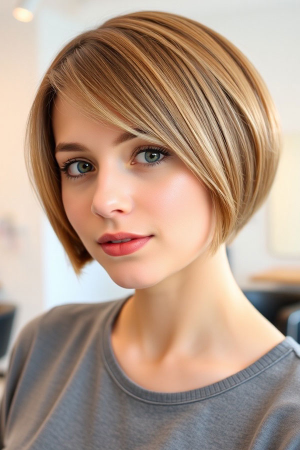 Soft Caramel Blonde Bob, sleek side part bob