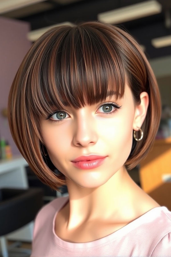 Soft Chestnut Bob with Full Bangs, bob haircut with fringe