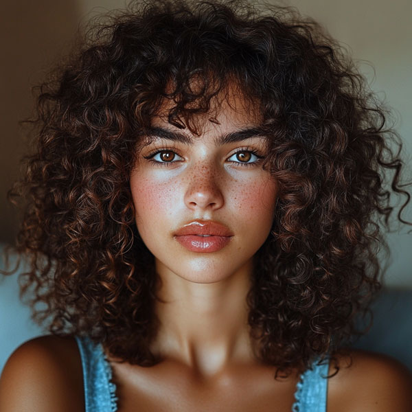 Soft Curly Bob with Bangs, Curly Hairstyle, natural curl hairstyle, curly hair with bangs