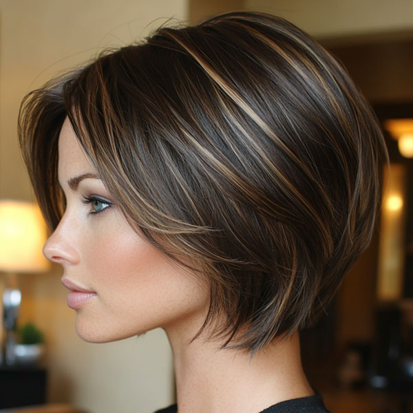 Sun-Kissed Brunette Layered Bob, bob hairstyle with highlights