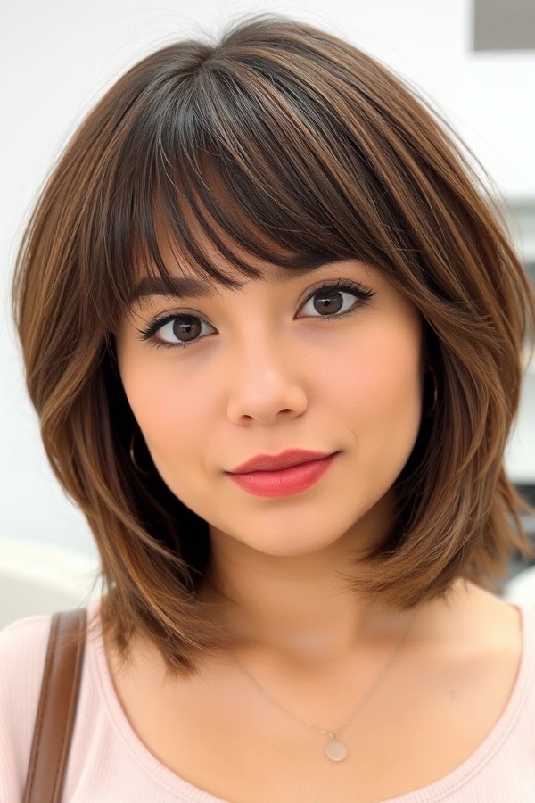 Textured Lob with Feathered Bangs, long bob hairstyle, long bob haircut, lob hairstyle