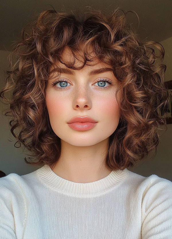 Tousled Curly Bob with Bangs, Curly Hairstyle, natural curl hairstyle, curly hair with bangs