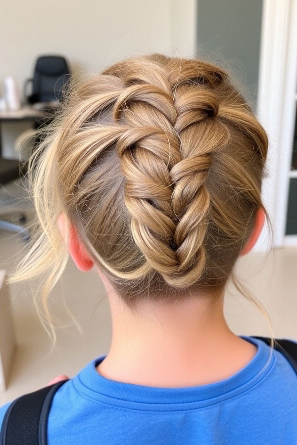 Upside-Down Braid Bun, quick back to school hairstyle