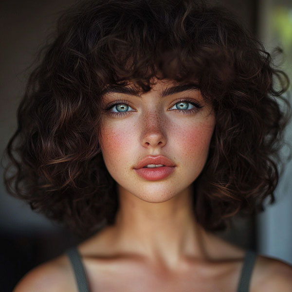 Voluminous Curly Bob with Bangs, Curly Hairstyle, natural curl hairstyle, curly hair with bangs