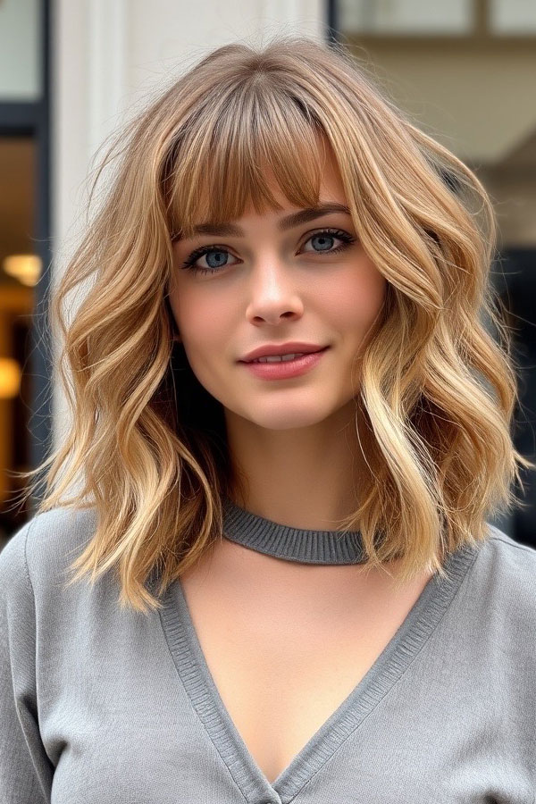 Wavy Lob with Bangs, long bob hairstyle, long bob haircut, lob hairstyle