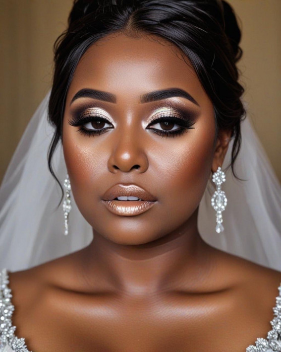 Metallic Glamour, Bridal Makeup Looks for Dark Skin, bridal make up, dark skin bridal makeup, wedding makeup, black bridal makeup, Bridal Makeup for Black Skin, Best bridal makeup looks for dark skin, soft glam wedding makeup dark skin