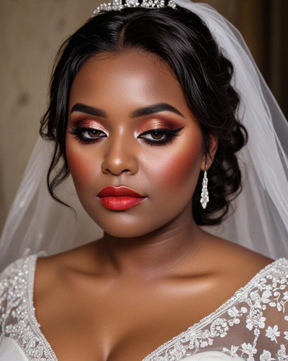 Fiery Glam Bride, Bridal Makeup Looks for Dark Skin, bridal make up, dark skin bridal makeup, wedding makeup, black bridal makeup, Bridal Makeup for Black Skin, Best bridal makeup looks for dark skin, soft glam wedding makeup dark skin