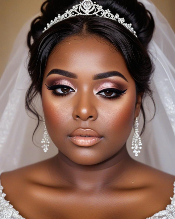 Elegant Soft Rose Gold Bride, Bridal Makeup Looks for Dark Skin, bridal make up, dark skin bridal makeup, wedding makeup, black bridal makeup, Bridal Makeup for Black Skin, Best bridal makeup looks for dark skin, soft glam wedding makeup dark skin