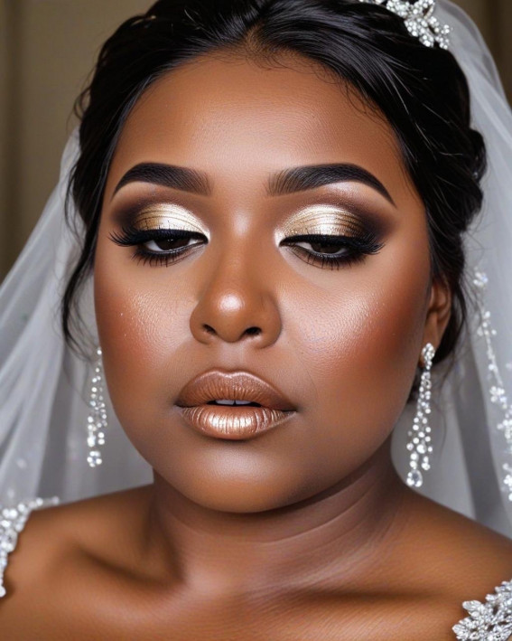 Golden Bronze Glam Chubby Brides, Bridal Makeup Looks for Dark Skin, bridal make up, dark skin bridal makeup, wedding makeup, black bridal makeup, Bridal Makeup for Black Skin, Best bridal makeup looks for dark skin, soft glam wedding makeup dark skin