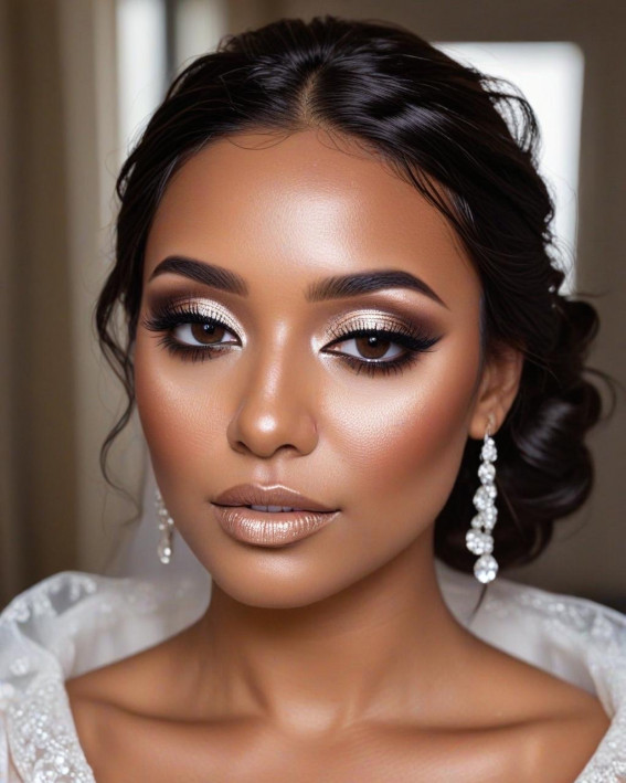 35 Stunning Bridal Makeup Looks for Dark Skin : Pearlescent Glow + Smokey Effect