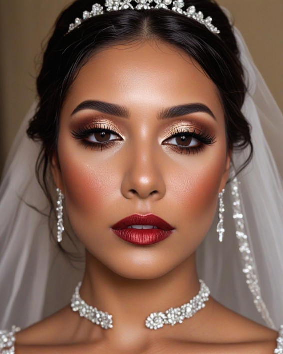 35 Stunning Bridal Makeup Looks for Dark Skin : Bold Crimson Elegance