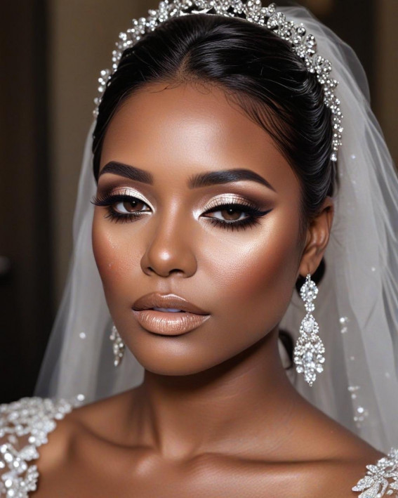 35 Stunning Bridal Makeup Looks for Dark Skin : Sleek Golden Glow Bride