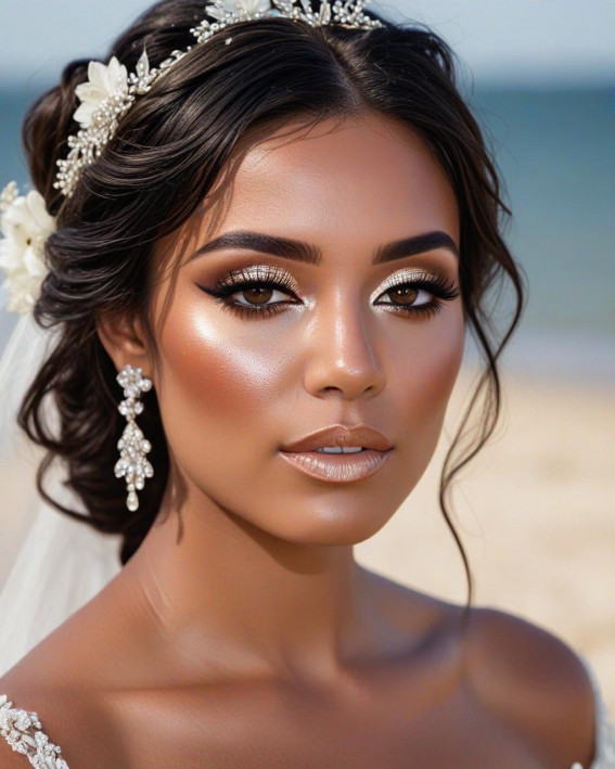 Beachside Bridal Glow, Bridal Makeup Looks for Dark Skin, bridal make up, dark skin bridal makeup, wedding makeup, black bridal makeup, Bridal Makeup for Black Skin, Best bridal makeup looks for dark skin, soft glam wedding makeup dark skin