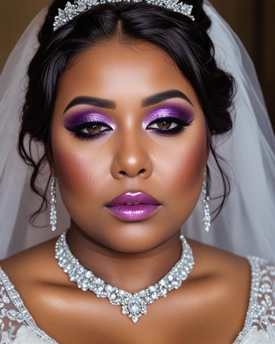 35 Stunning Bridal Makeup Looks for Dark Skin : Regal Purple Glam for a Chubby Bride