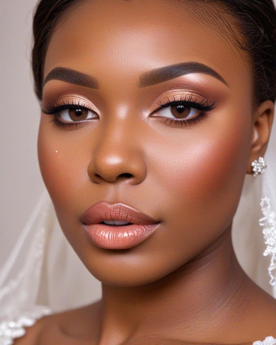 35 Stunning Bridal Makeup Looks for Dark Skin : Soft Peach Perfection