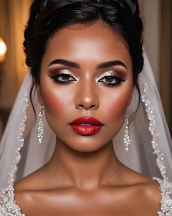 35 Stunning Bridal Makeup Looks for Dark Skin : Classic Red Glam