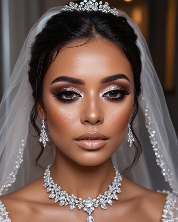 35 Stunning Bridal Makeup Looks for Dark Skin : Elegant Bronze Glow + Sleek Updo