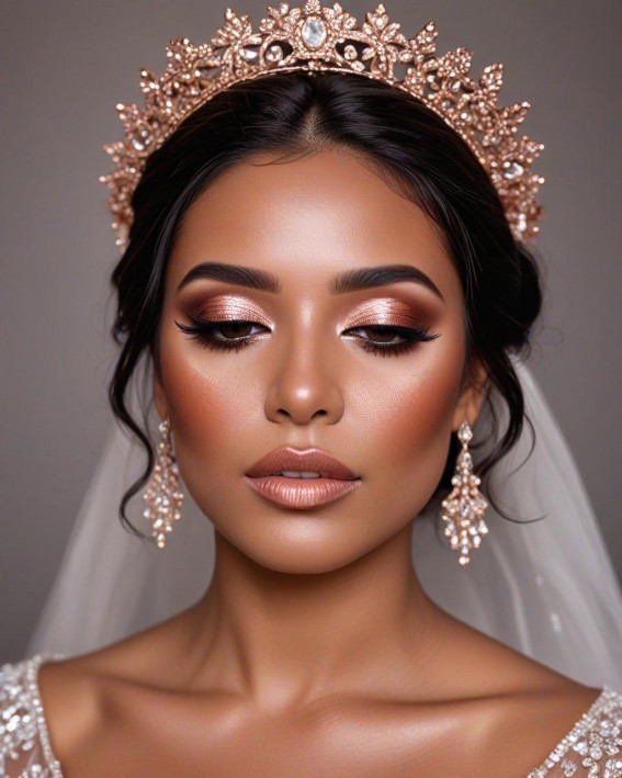 Regal Rose-Gold Bridal Look, Bridal Makeup Looks for Dark Skin, bridal make up, dark skin bridal makeup, wedding makeup, black bridal makeup, Bridal Makeup for Black Skin, Best bridal makeup looks for dark skin, soft glam wedding makeup dark skin