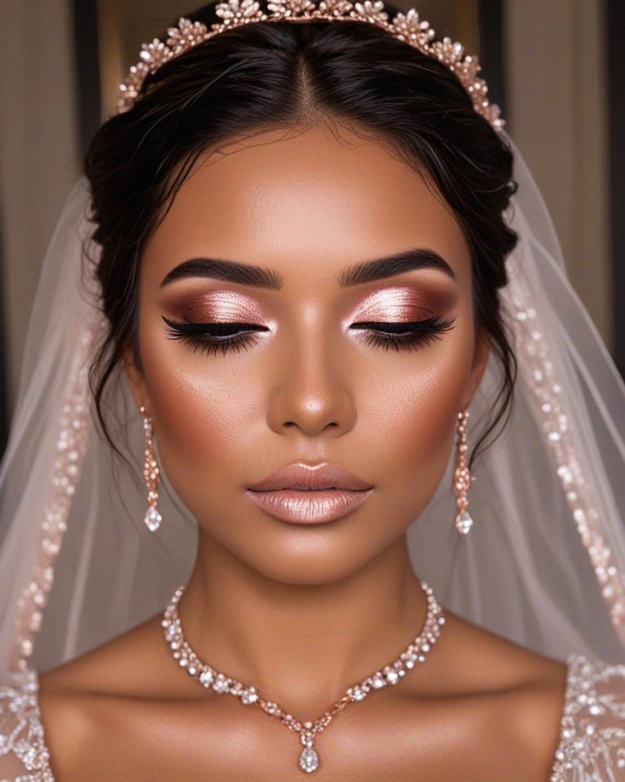 Radiant Rose Gold Elegance, Bridal Makeup Looks for Dark Skin, bridal make up, dark skin bridal makeup, wedding makeup, black bridal makeup, Bridal Makeup for Black Skin, Best bridal makeup looks for dark skin, soft glam wedding makeup dark skin