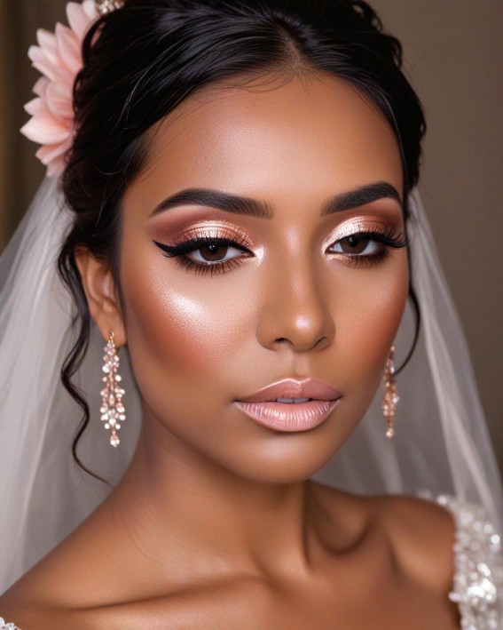 35 Stunning Bridal Makeup Looks for Dark Skin : Romantic Peachy-Gold Tones