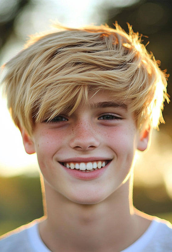 36 Cool Haircuts for Young Teen Boys to Rock : Golden Blonde Soft Layers with Swept Fringe