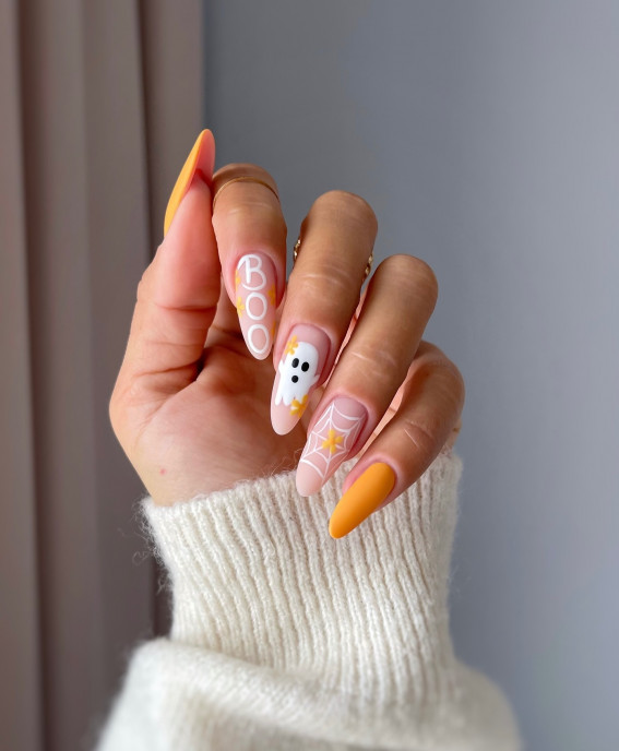 Boo-tiful Minimalist Pastel Nails, Halloween Nails, Halloween nail designs, cute Halloween nails, spooky Halloween nails, Halloween nails