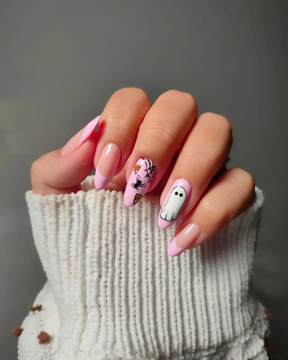 Pink Halloween Nails with ghosts, Pink Halloween Nails, Halloween nail designs, cute Halloween nails, spooky Halloween nails, Halloween nails