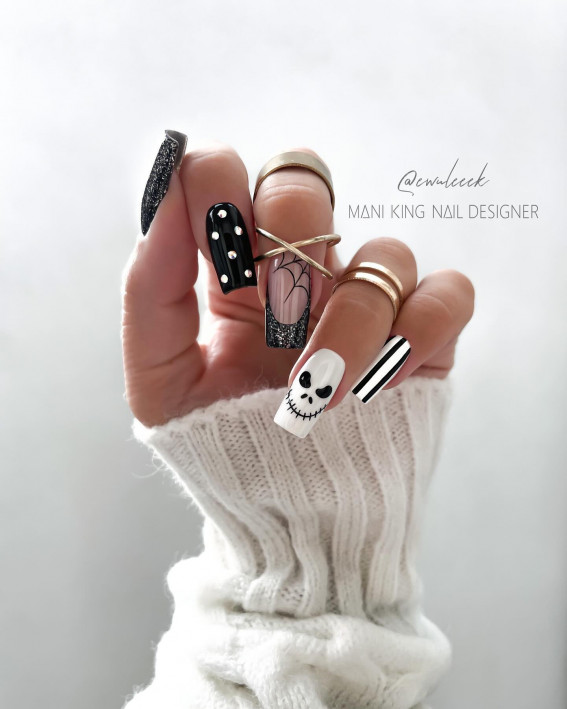 Monochrome Halloween Nails, Halloween Nails, Halloween nail designs, cute Halloween nails, spooky Halloween nails, Halloween nails