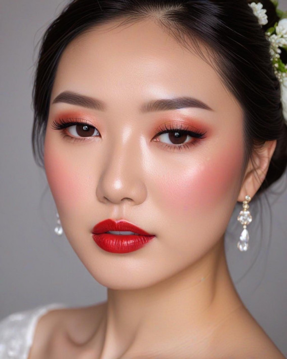 50 Soft Bridal Makeup for Every Ethnicity and Hair Colour : Classic Red Elegance for Asian Brides