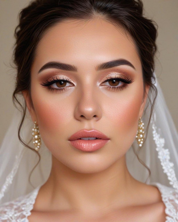 50 Soft Bridal Makeup for Every Ethnicity and Hair Colour : Dark Hair with Classic Peach Bridal Elegance