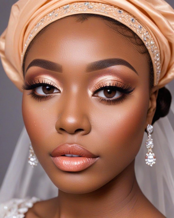 Golden Peach Radiance for Dark Skin Brides, Soft Bridal Makeup for Every Ethnicity and Hair Colour, bridal makeup look, wedding makeup, soft glam bridal makeup