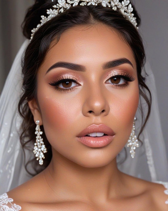 Regal Rose Gold Dark Hair Bride, Soft Bridal Makeup for Every Ethnicity and Hair Colour, bridal makeup look, wedding makeup, soft glam bridal makeup