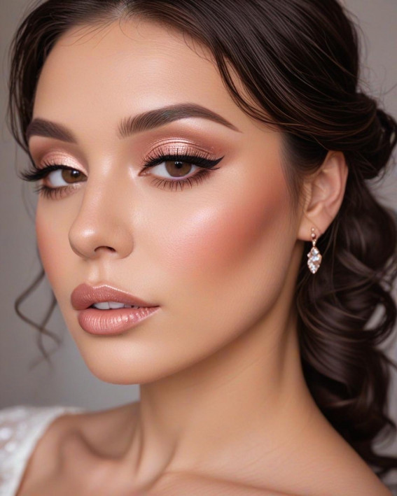 50 Soft Bridal Makeup for Every Ethnicity and Hair Colour : Soft Peach Tones for Brunette Bride 