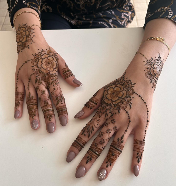 Bridal Floral Charm Henna, Henna Design, modern henna design, back hand henna design