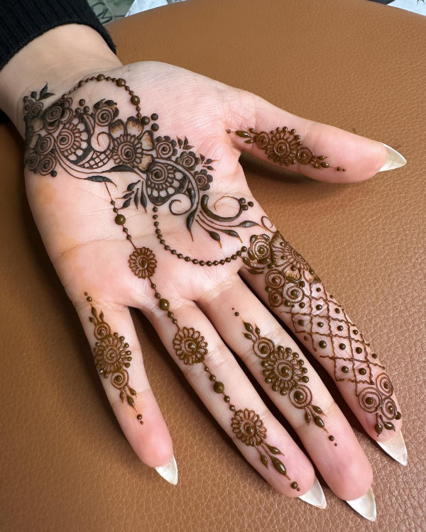 Floral Chain Mehndi, Modern Front Hand Mehndi Design, Henna Designs, front hand henna design, simple henna designs, Beautiful henna designs , Aesthetic henna design