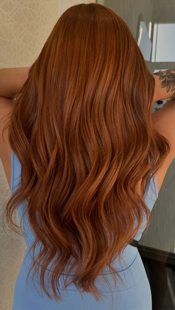 Copper Spice Long Waves, autumn hair colour, copper hair colour