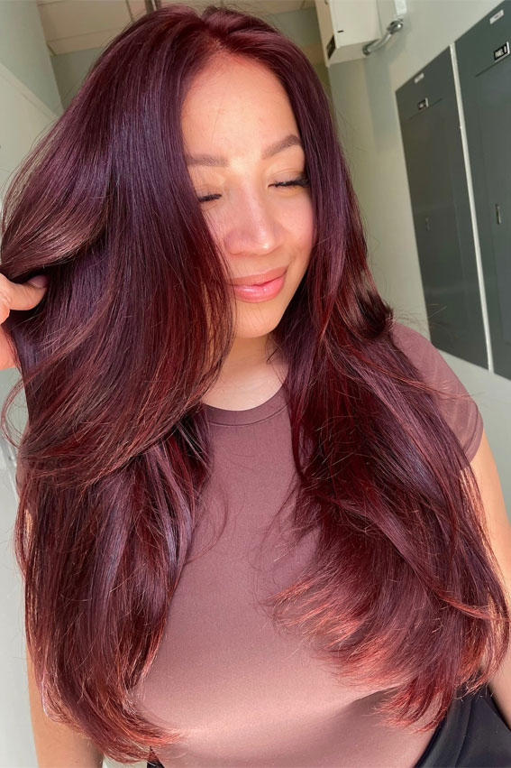 Plum Red Long Layers, autumn hair colour, plum hair colour